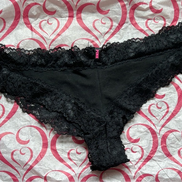 ‼️SOLD‼️NWT VS PINK underwear cotton & lace black thong Tanga cheeky panty M - Picture 2 of 4